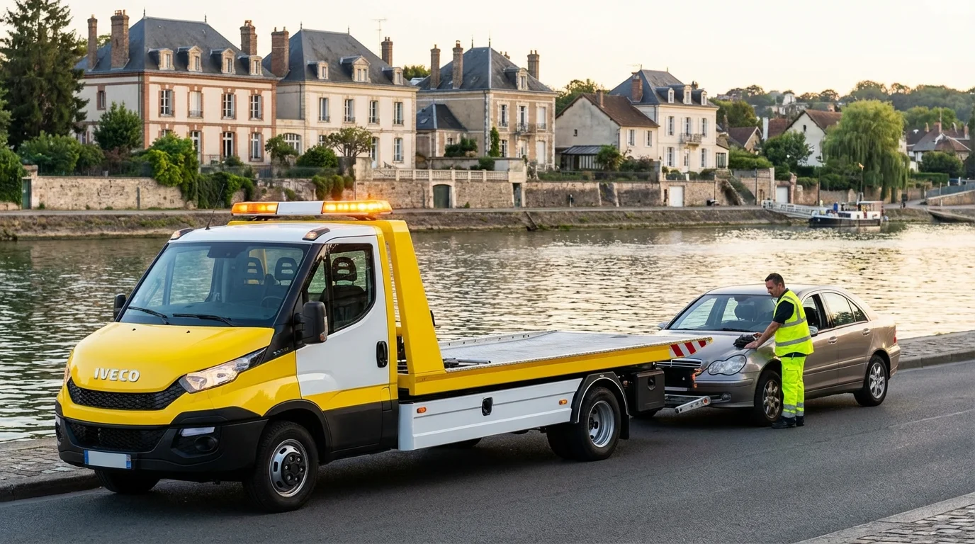 Dépanneuse Fast Depann intervenant sur le Quai de Seine à La Frette-sur-Seine pour une assistance automobile d'urgence.