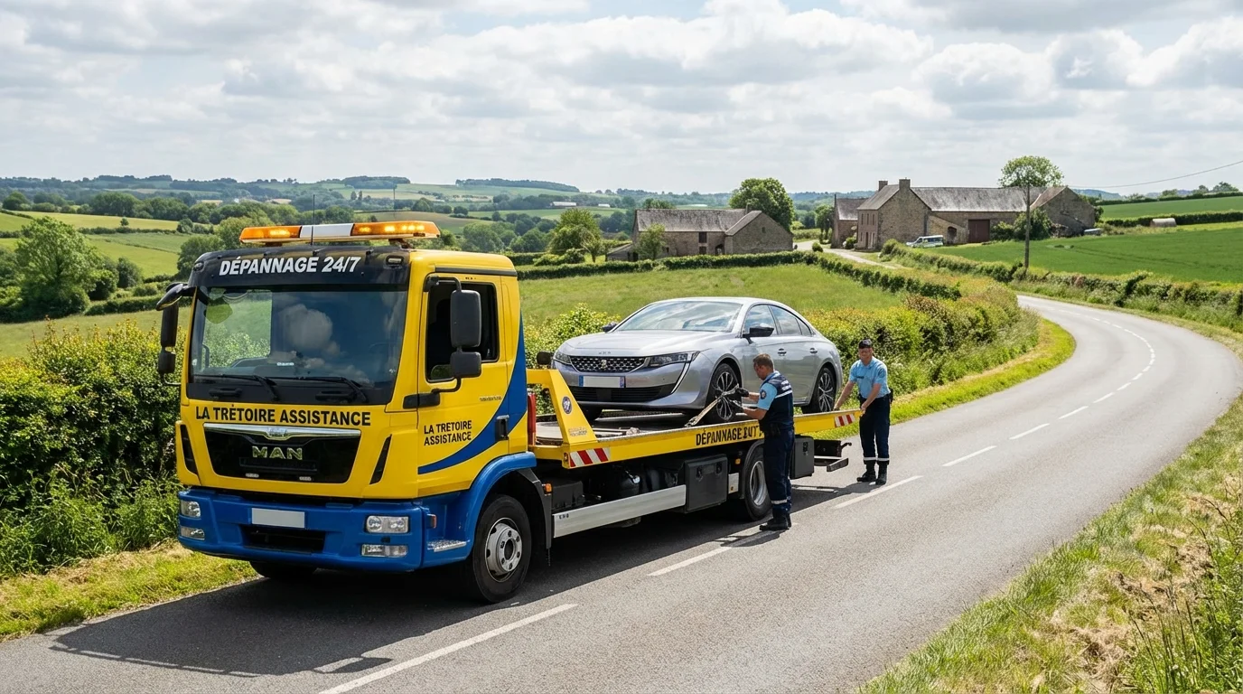 Dépanneuse Fast Depann en intervention sur une route de campagne à La Trétoire 77510