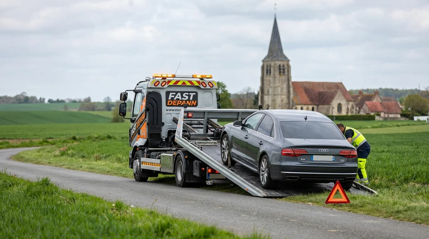 Dépanneuse Fast Depann en intervention sur la route RD316 à Le Mesnil-Aubry avec l'église en arrière-plan