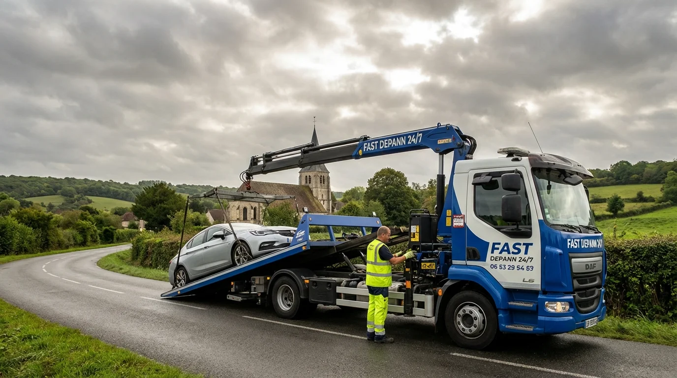 Dépanneuse Fast Depann chargeant une voiture en panne devant l'église de Le Perchay dans le Vexin français