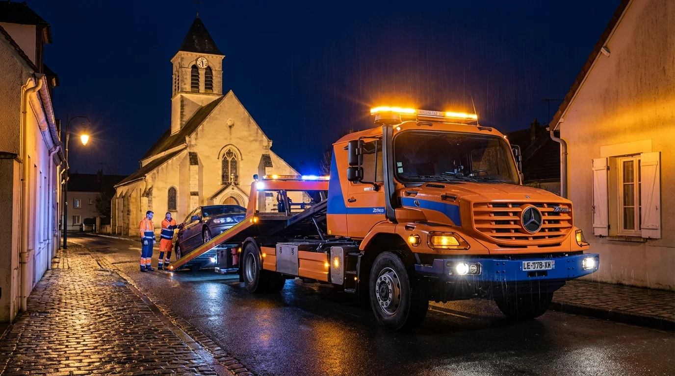 Dépanneuse Fast Depann en intervention nocturne dans une rue résidentielle de Le Plessis-Bouchard