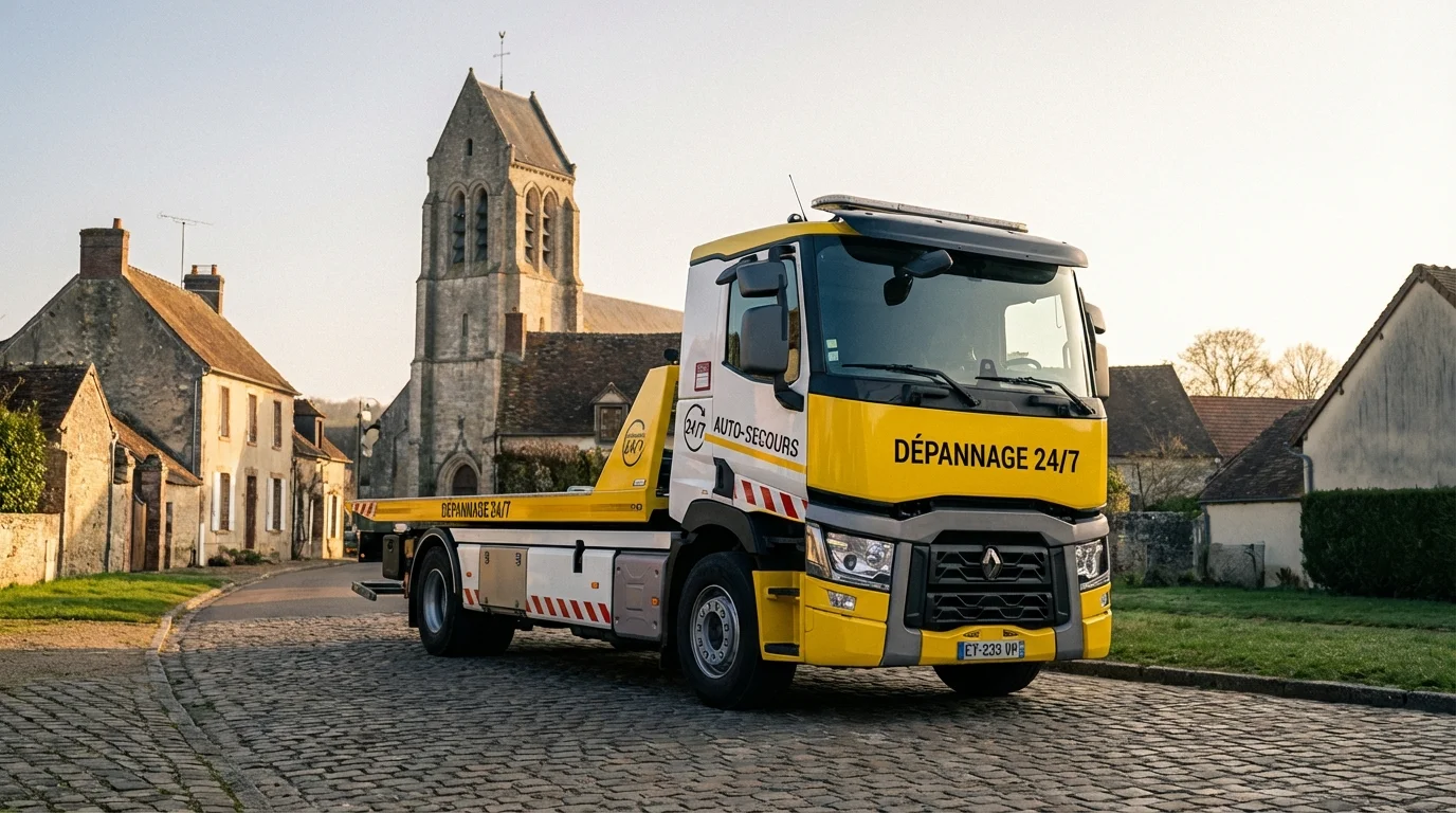 Dépanneuse Fast Depann en intervention sur une route de campagne à Le Plessis-Placy 77440