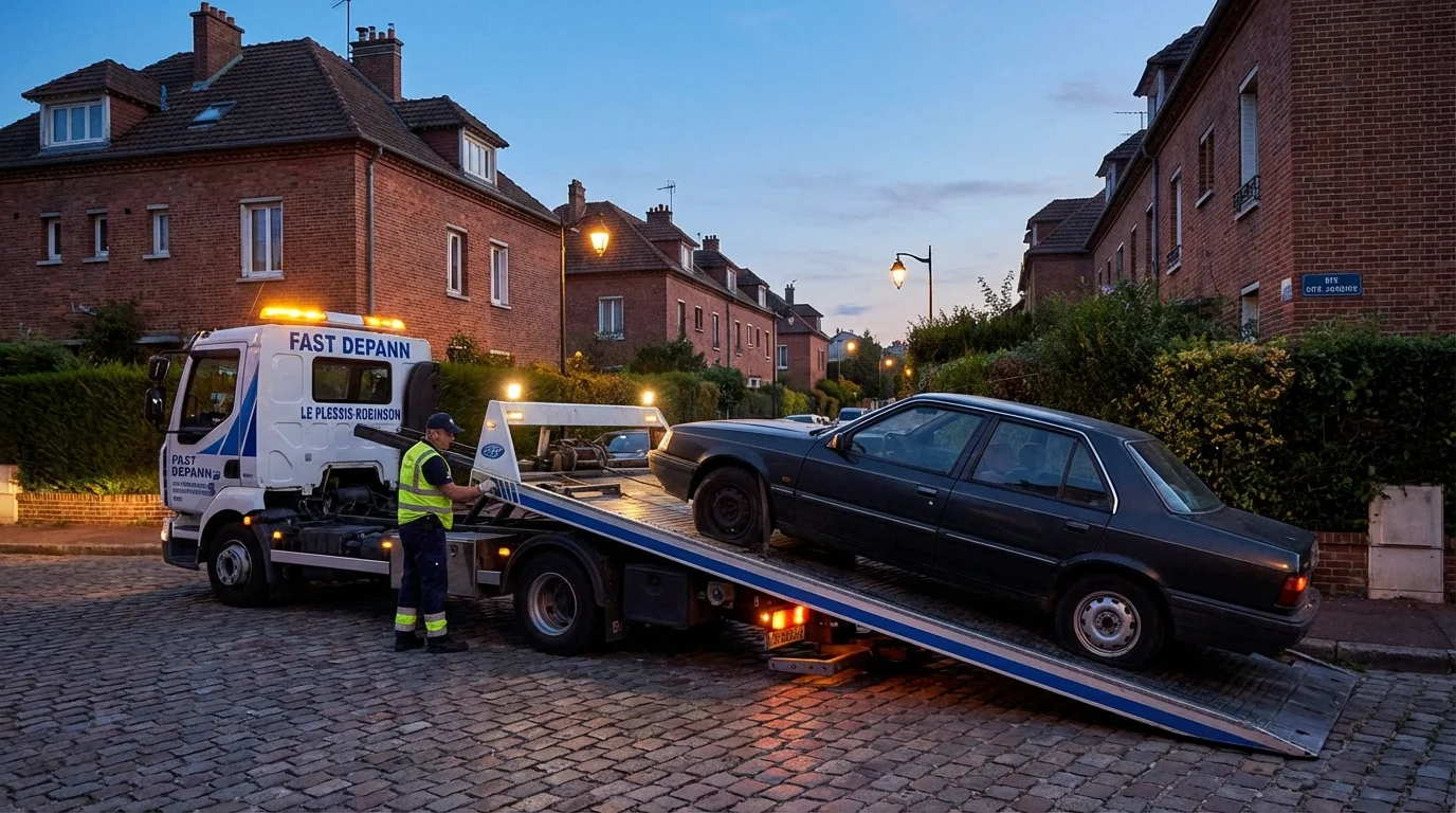 Dépanneuse Fast Depann en intervention de remorquage d'une voiture en panne dans une rue du quartier Cité Jardins à Le Plessis-Robinson au crépuscule.