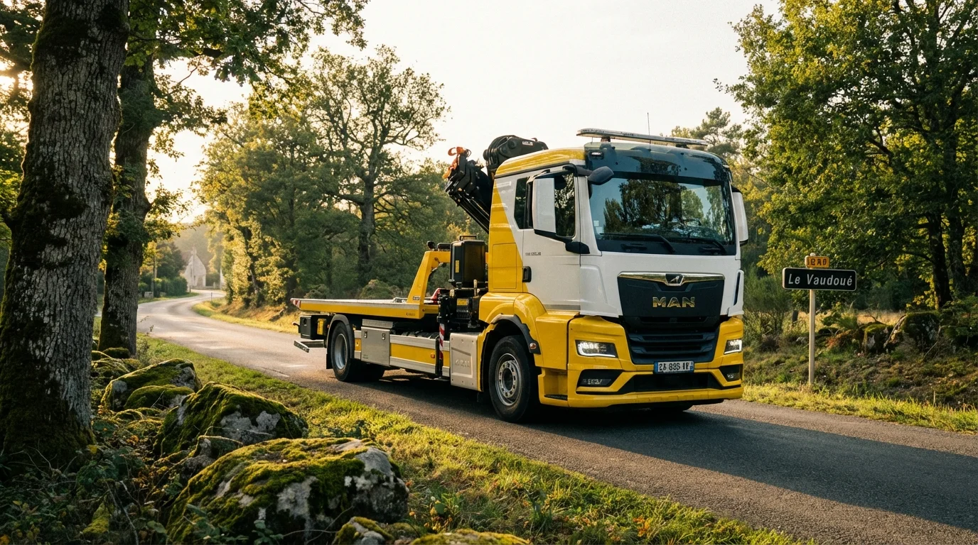 Dépanneuse Fast Depann en intervention à l'entrée du village de Le Vaudoué 77123