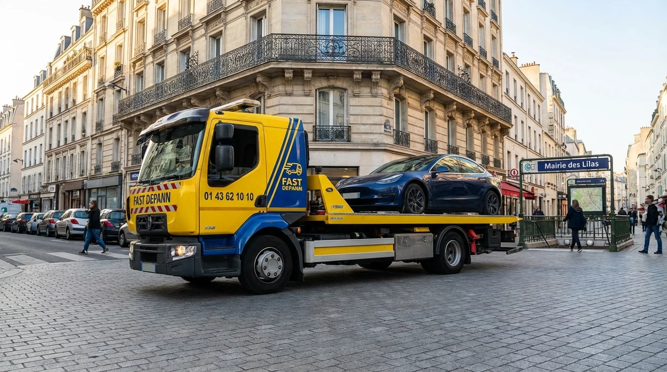 Dépanneuse Fast Depann en intervention rue de Paris à Les Lilas pour un remorquage voiture