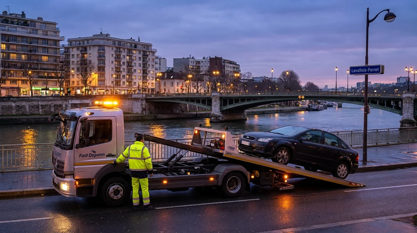 Dépanneuse Fast Depann en intervention de remorquage sur les quais de Seine à Levallois-Perret (92300) au crépuscule.