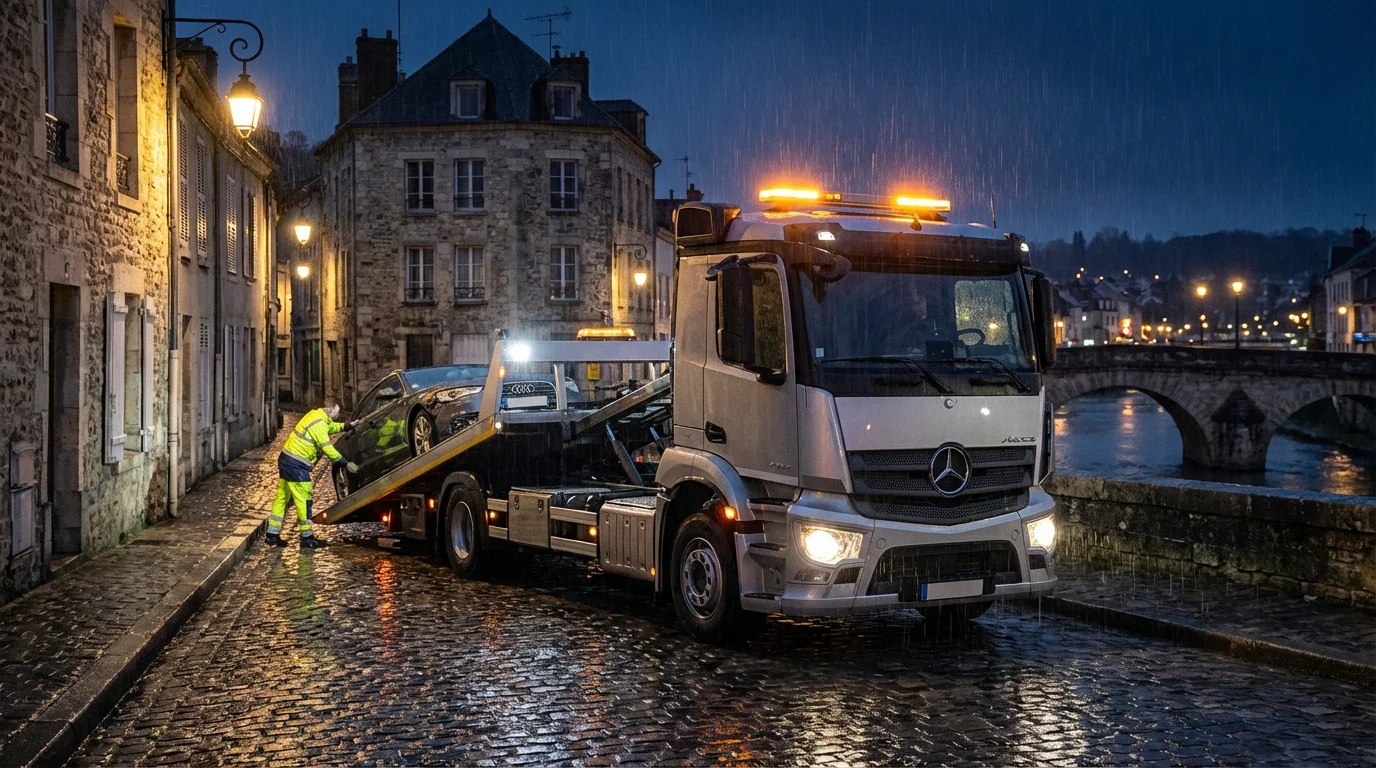 Dépanneuse Fast Depann en intervention nocturne dans le centre de L'Isle-Adam 95290