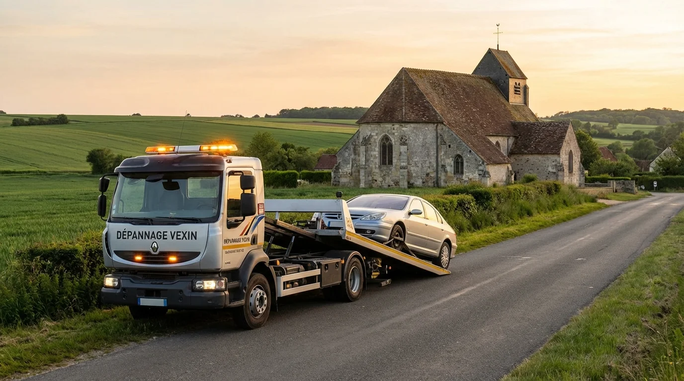 Dépanneuse Fast Depann en intervention sur une route de campagne à Livilliers 95300 près de l'église
