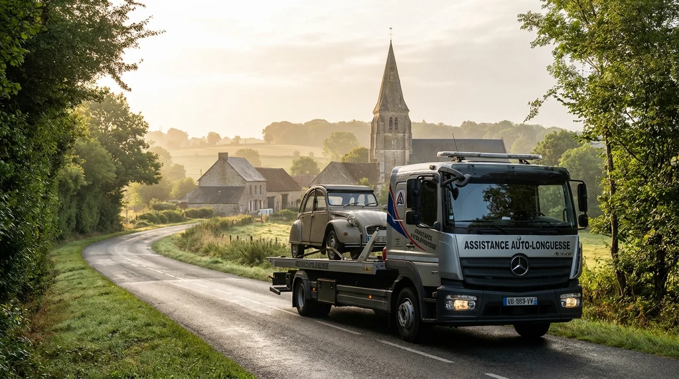 Dépannage auto sur une route de campagne à Longuesse avec église en arrière-plan