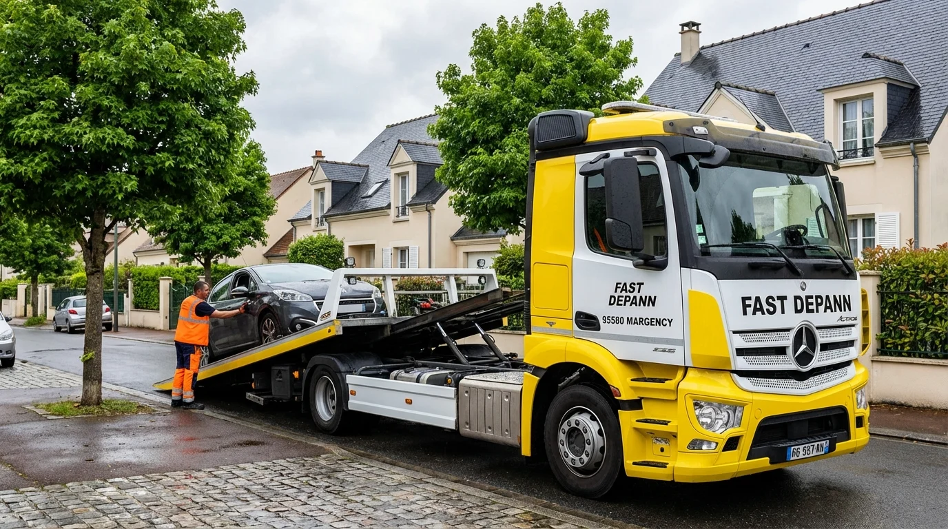 Dépanneuse Fast Depann en intervention urgence dans une rue de Margency Val-d'Oise.