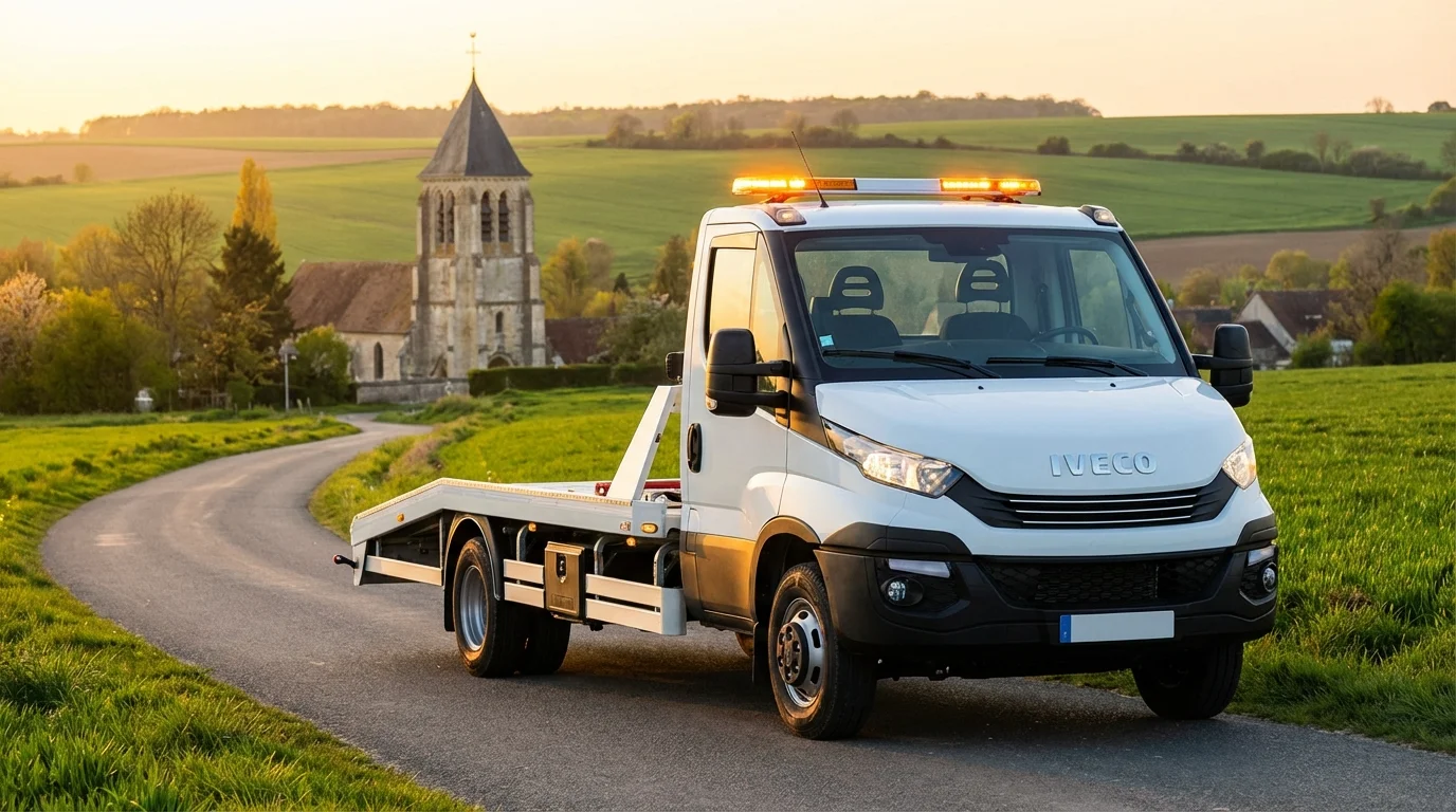 Dépanneuse Fast Depann en intervention à Maudétour-en-Vexin devant un paysage rural du Vexin