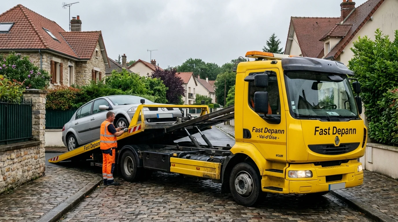 Dépanneuse Fast Depann en intervention de remorquage voiture dans une rue de Mériel 95630
