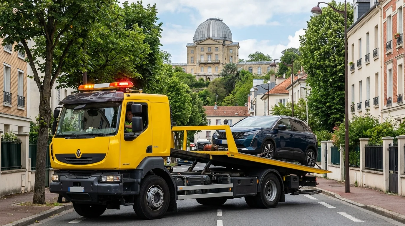 Dépanneuse Fast Depann en intervention sur une voiture en panne dans une rue de Meudon avec l'Observatoire en arrière-plan.