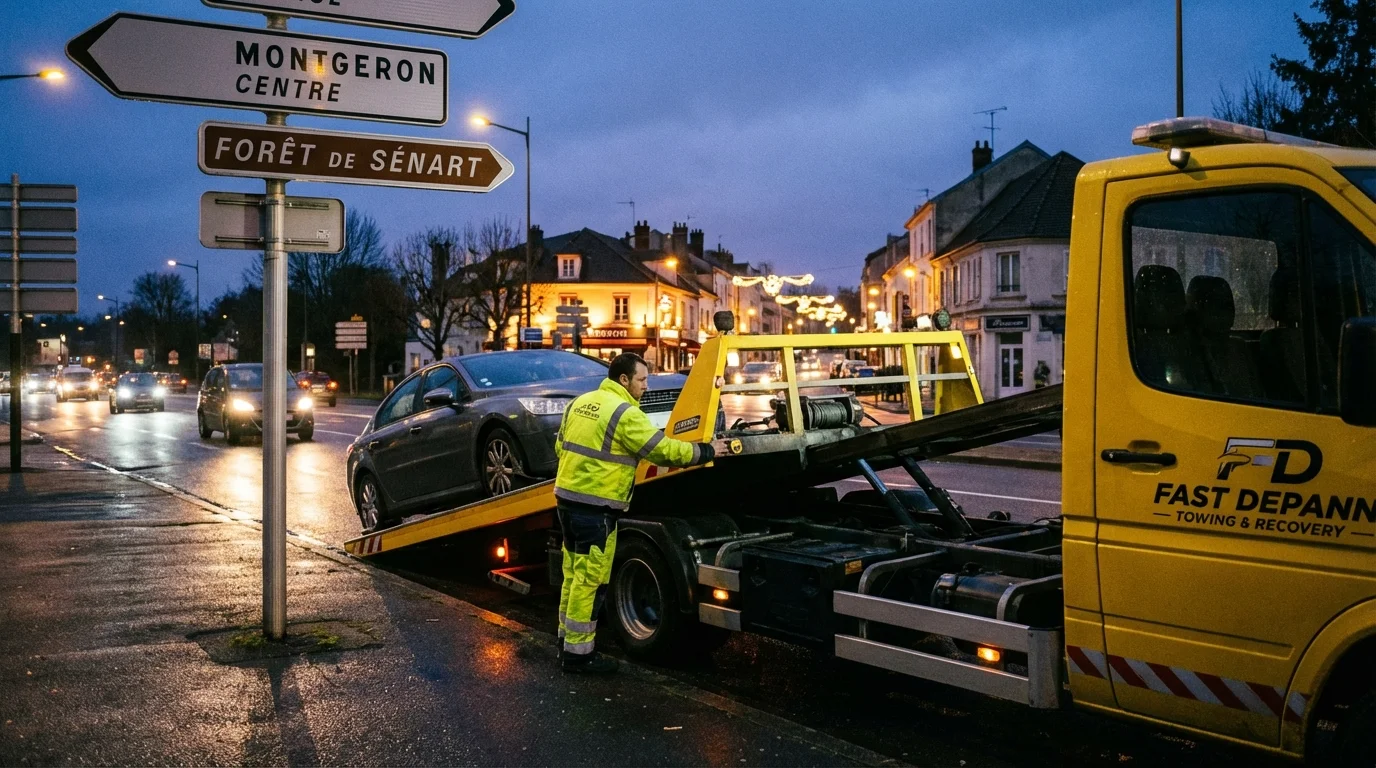 Dépanneuse Fast Depann en intervention à Montgeron pour remorquer une voiture en panne.