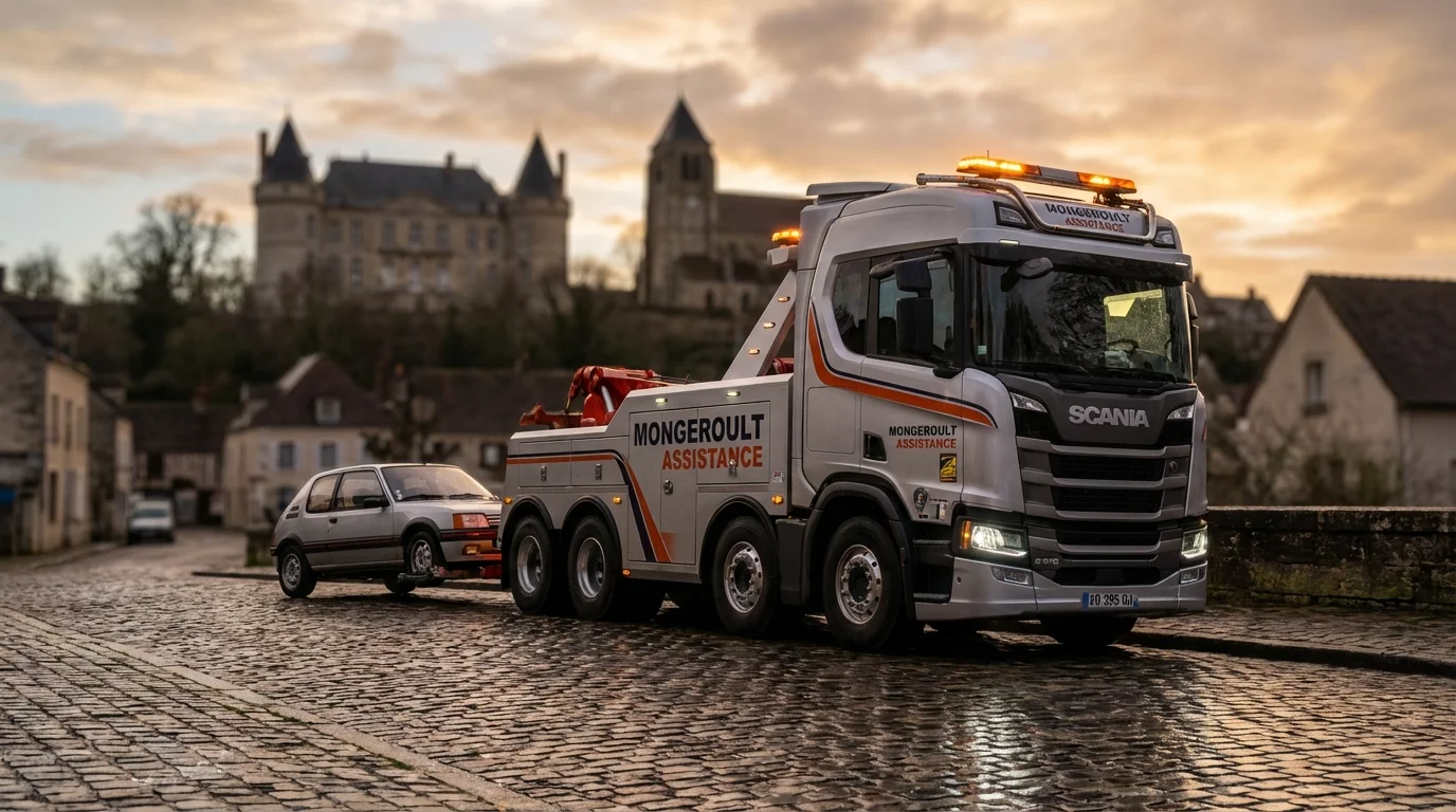 Dépanneuse Fast Depann en intervention rue pavée à Montgeroult devant le château historique.