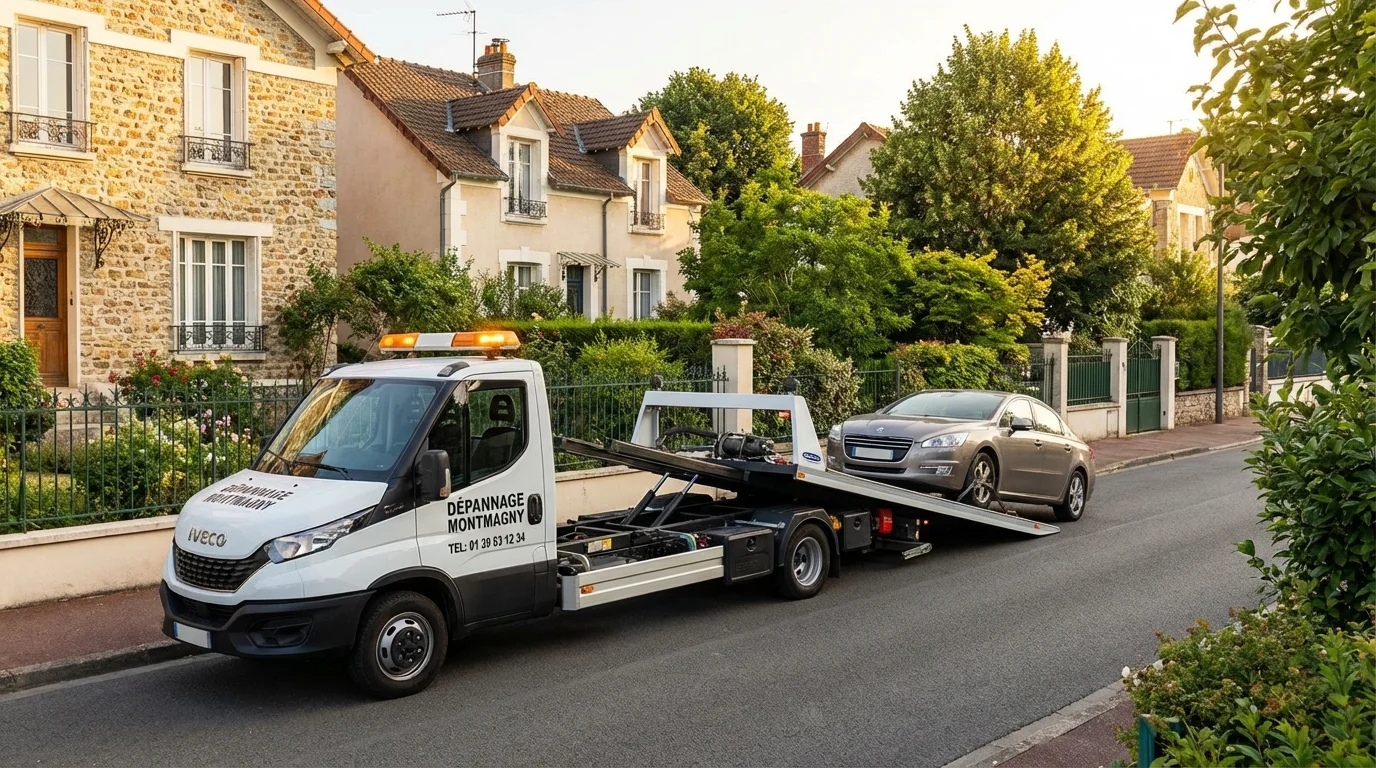 Dépanneuse Fast Depann intervenant pour un remorquage voiture dans une rue de Montmagny 95360.
