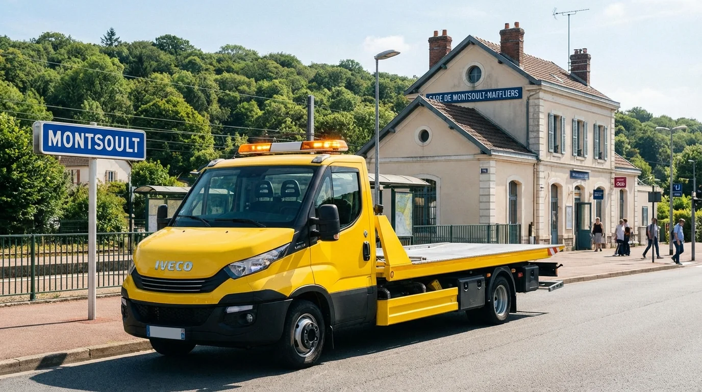 Dépanneuse Fast Depann en intervention devant la gare de Montsoult-Maffliers (95560) prête pour un remorquage auto.