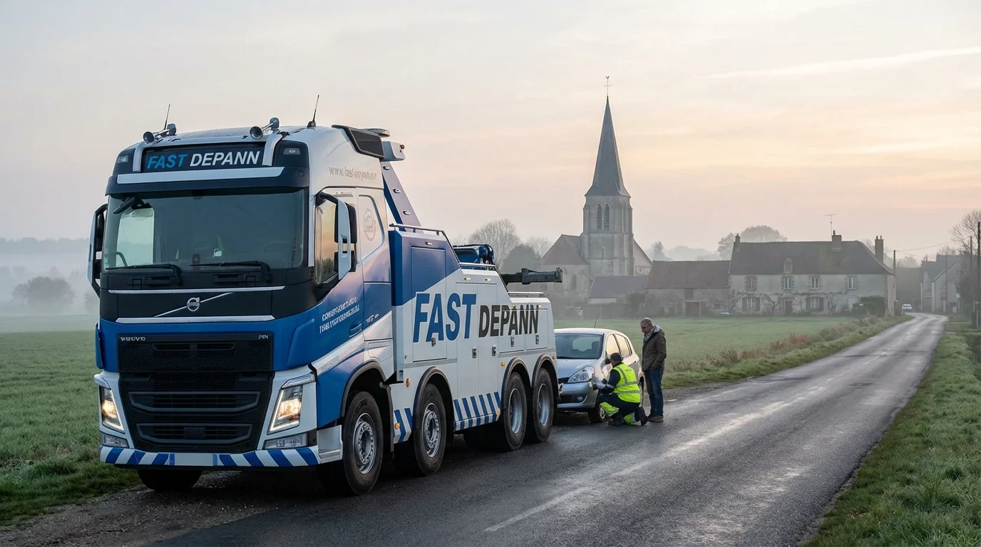 Dépanneuse Fast Depann en intervention sur une route de Moussy (95640) avec l'église en arrière-plan.