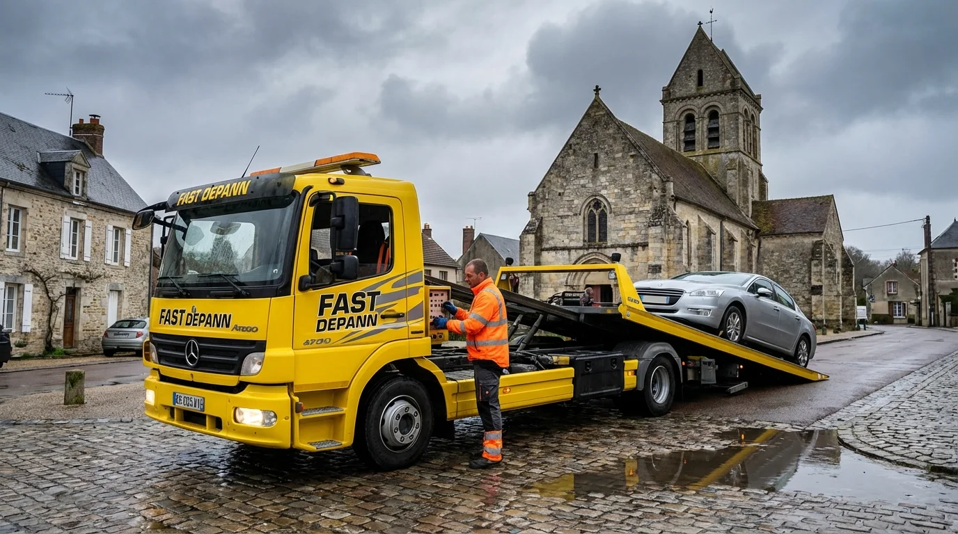 Dépanneuse Fast Depann chargeant une voiture en panne devant l'église de Nesles-la-Vallée