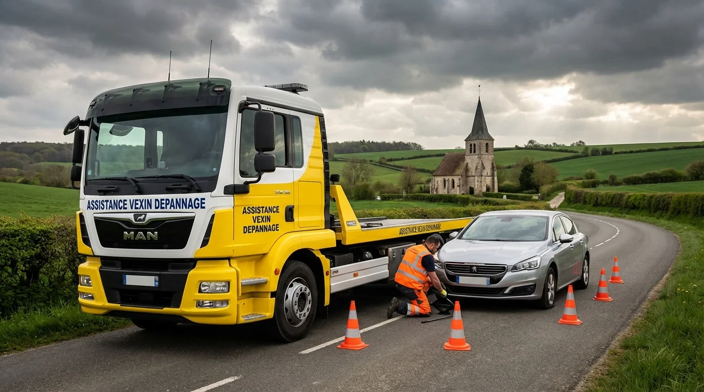 Dépannage auto professionnel sur une route de campagne à Neuilly-en-Vexin, remorquage voiture devant paysage du Vexin