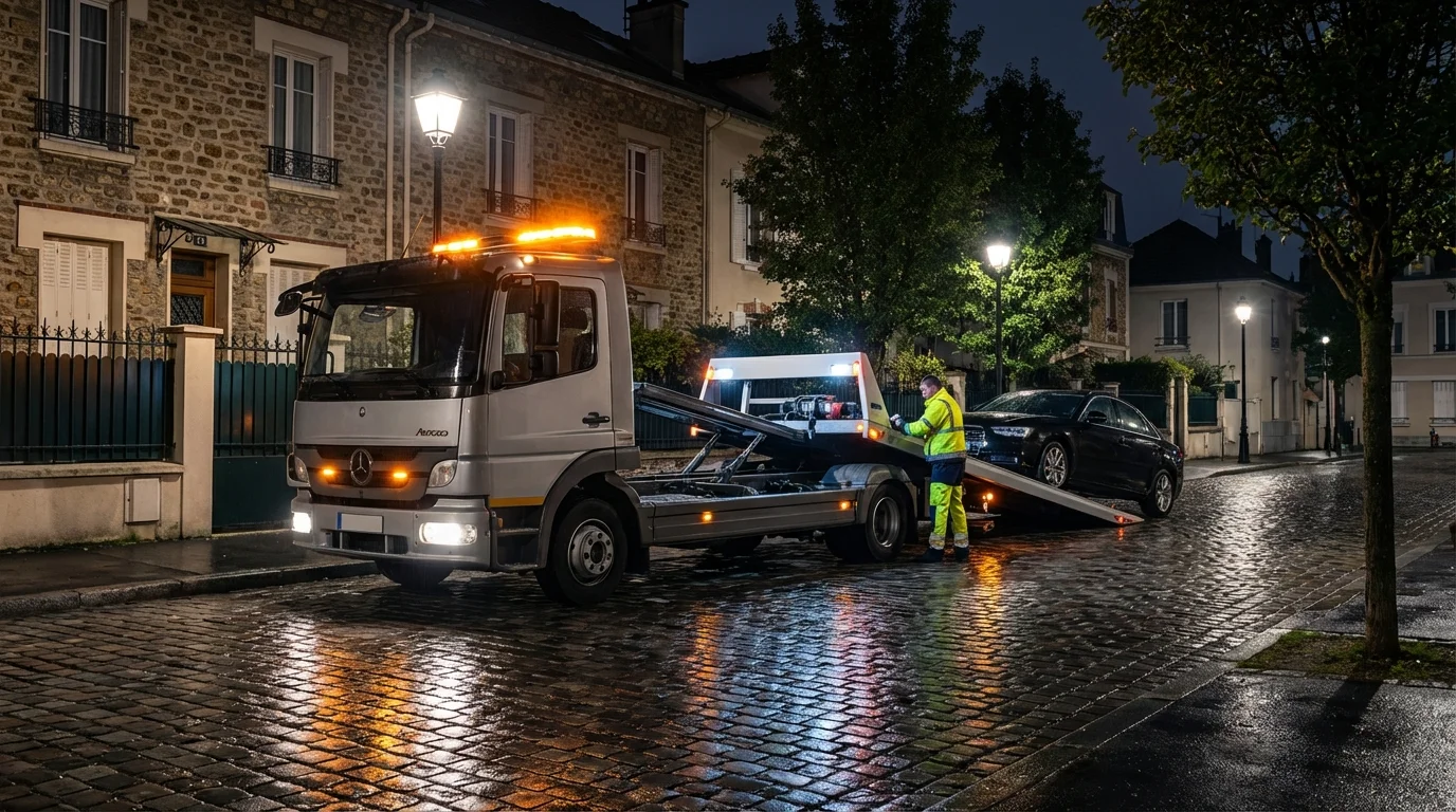 Camion de dépannage Fast Depann en intervention nocturne à Neuilly-sur-Marne 93330