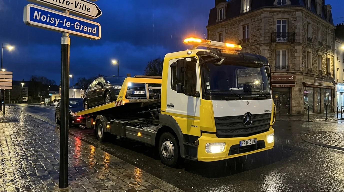 Dépanneuse Fast Depann en intervention nocturne à Noisy-le-Grand pour un véhicule en panne
