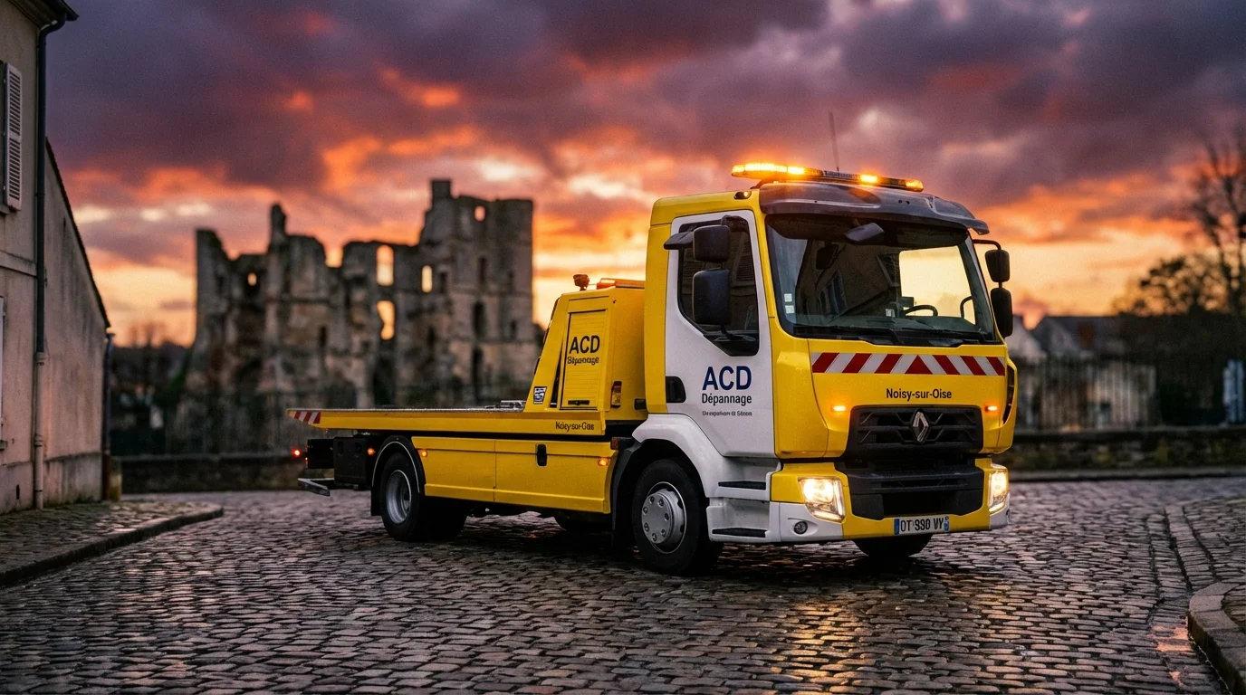 Dépanneuse Fast Depann en intervention à Noisy-sur-Oise près des ruines historiques