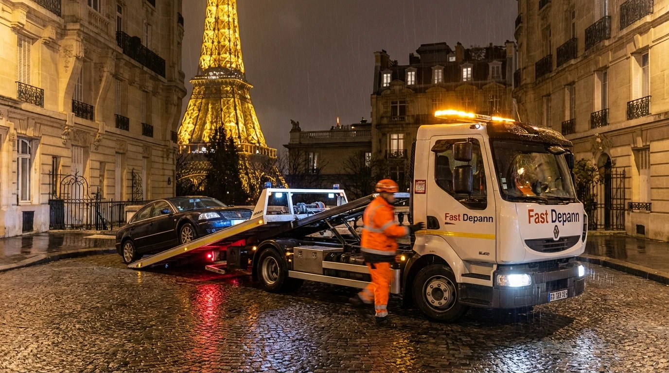 Dépanneuse Fast Depann en intervention de nuit à Paris, chargeant un véhicule en panne.
