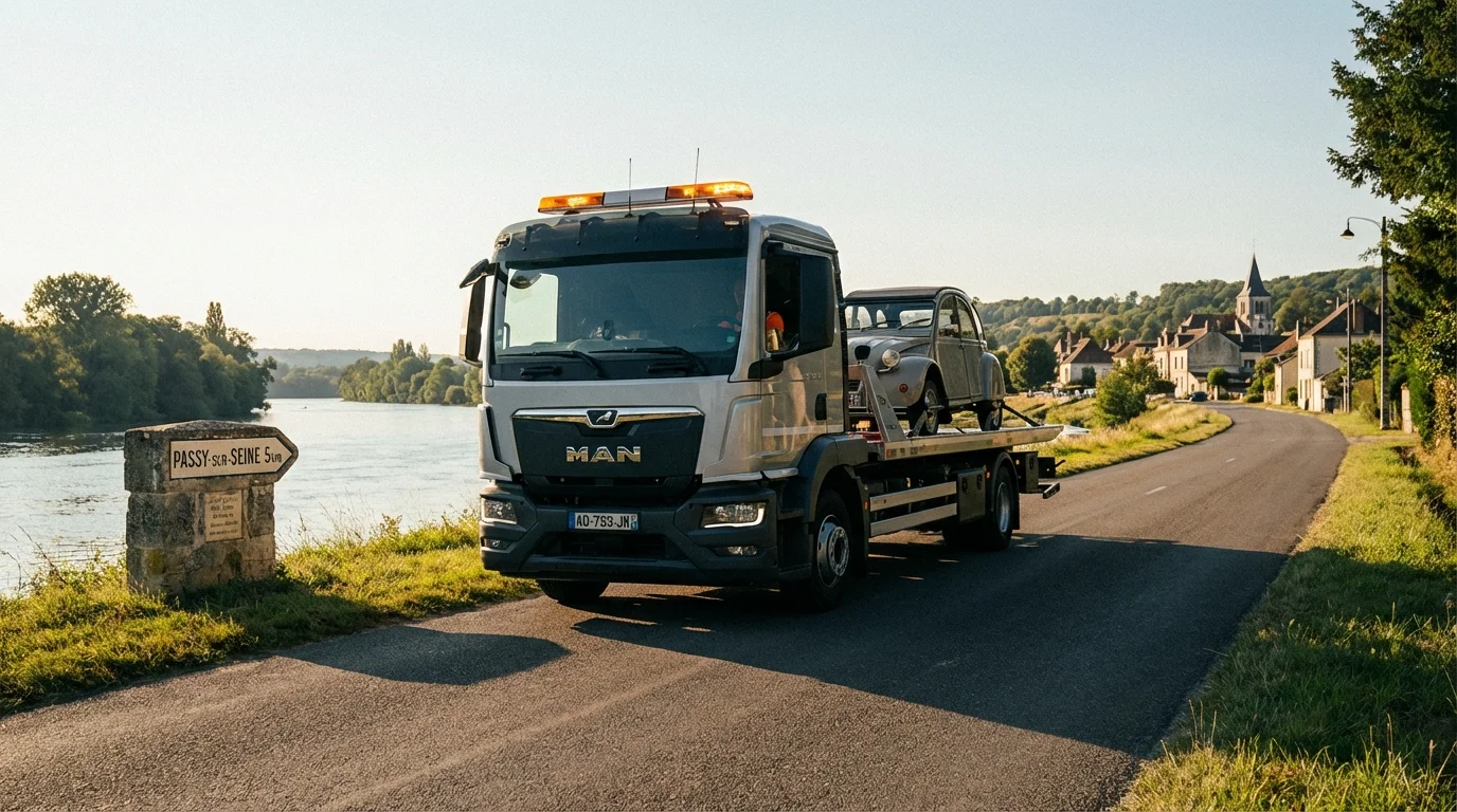 Dépanneuse Fast Depann intervenant sur une route à Passy-sur-Seine 77480