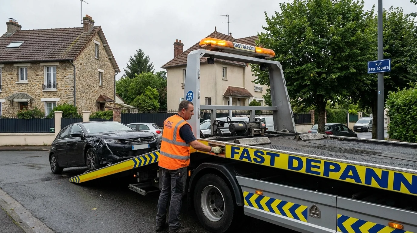 Dépanneuse Fast Depann en intervention pour remorquer une voiture en panne sur une rue de Perigny-sur-Yerres, Val-de-Marne.