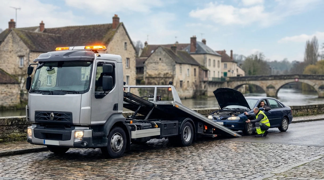 Dépanneuse Fast Depann en intervention dans une rue de Pommeuse 77515 pour un remorquage automobile