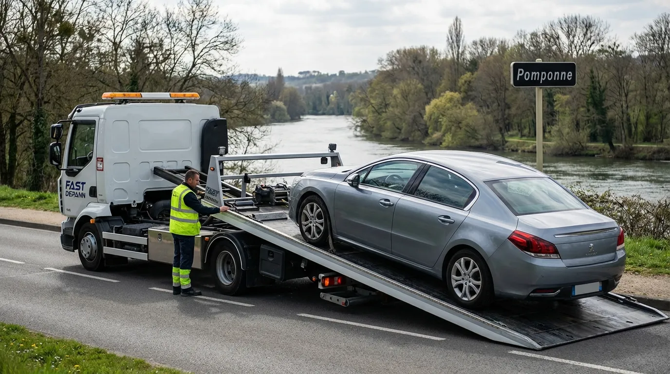 Dépanneuse Fast Depann en intervention sur une route de Pomponne 77400