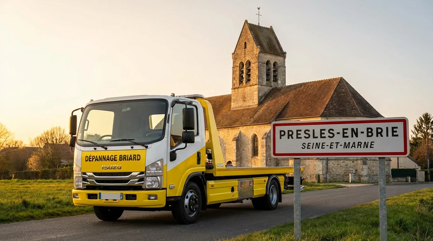 Dépanneuse Fast Depann en intervention à Presles-en-Brie devant le panneau de la ville