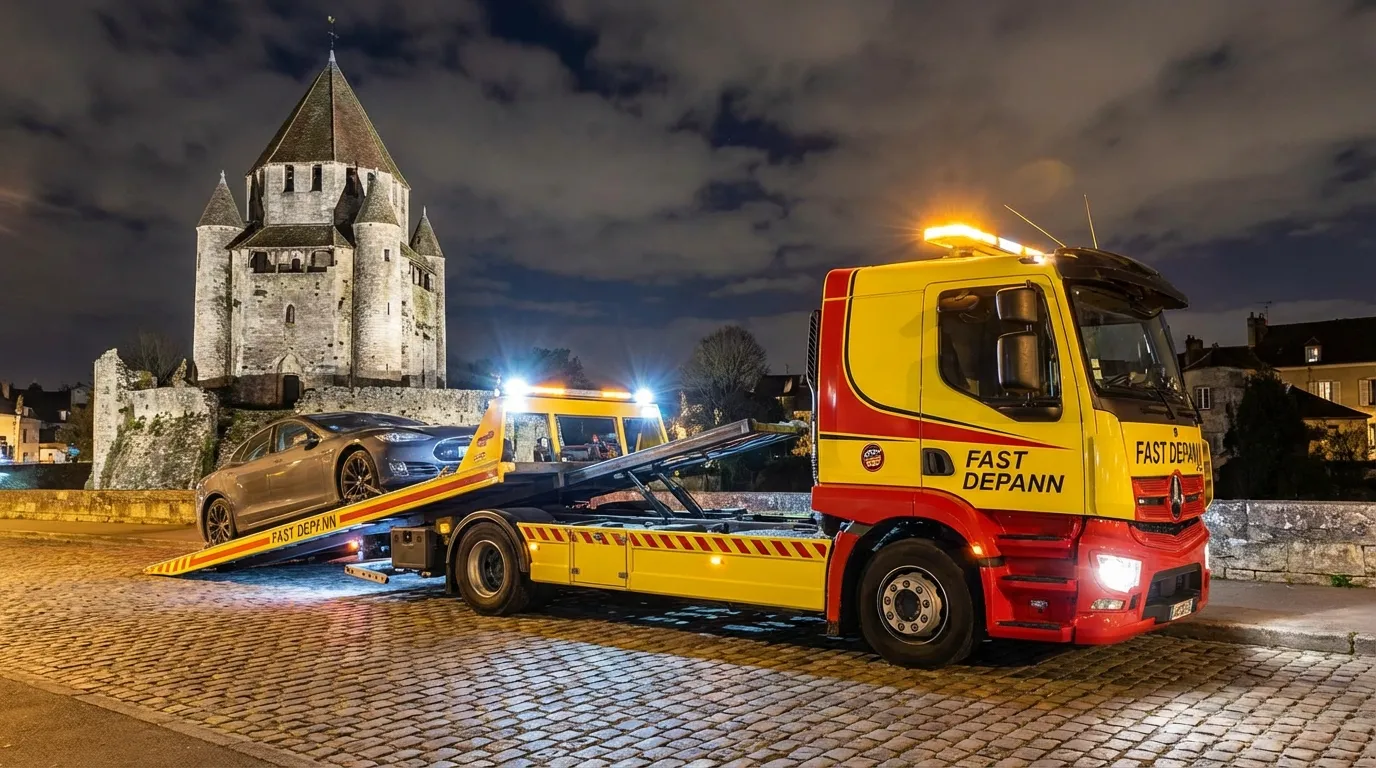 Dépanneuse Fast Depann intervenant devant la Tour César à Provins pour un dépannage auto urgent