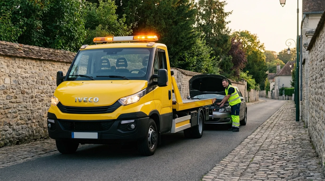Dépanneuse Fast Depann intervenant pour une batterie à plat dans une rue résidentielle de Puiseux-en-France 95380