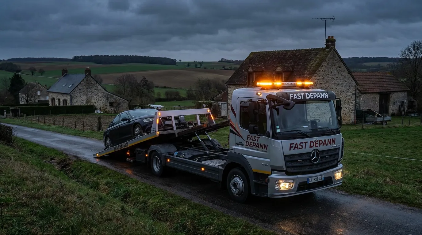 Dépanneuse Fast Depann en intervention à l'entrée de la ville de Quiers 77190