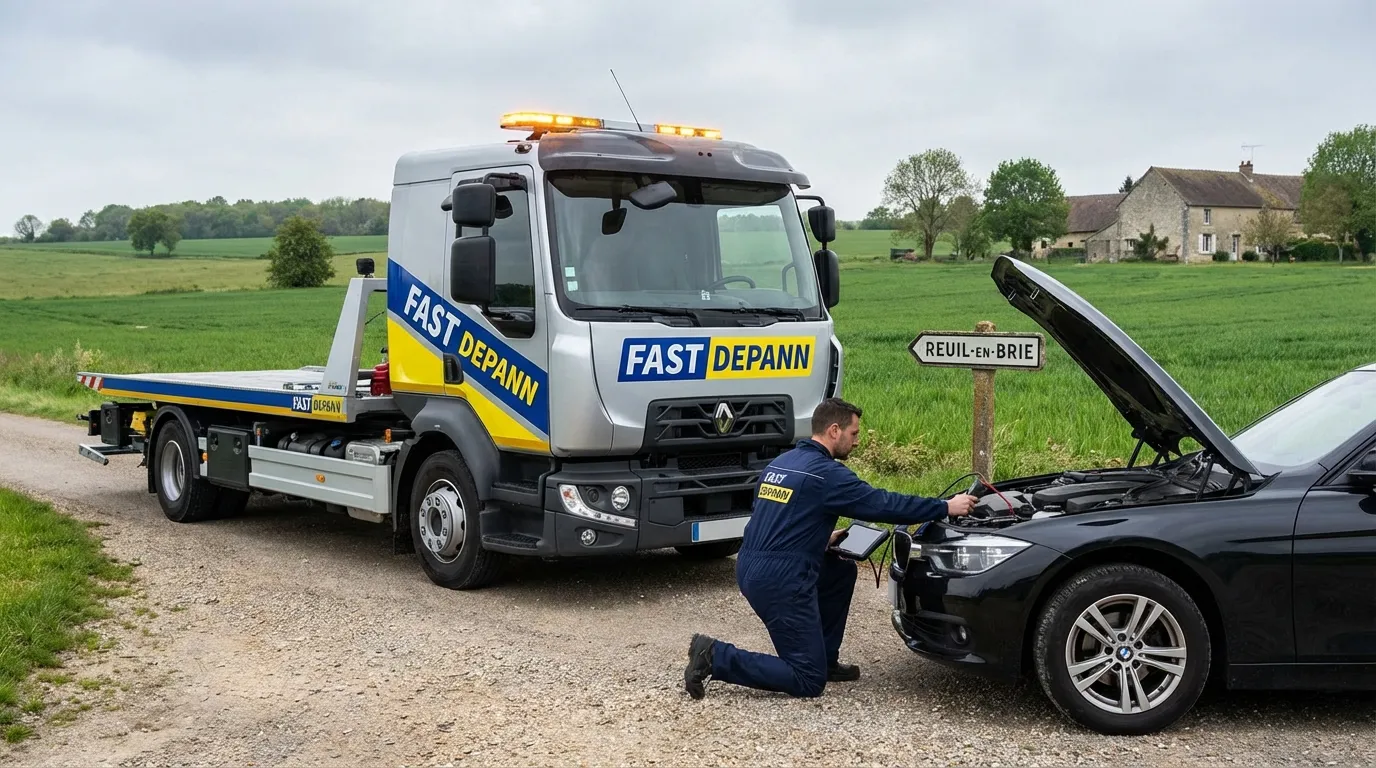Dépanneuse Fast Depann intervenant pour un véhicule en panne à Reuil-en-Brie 77260