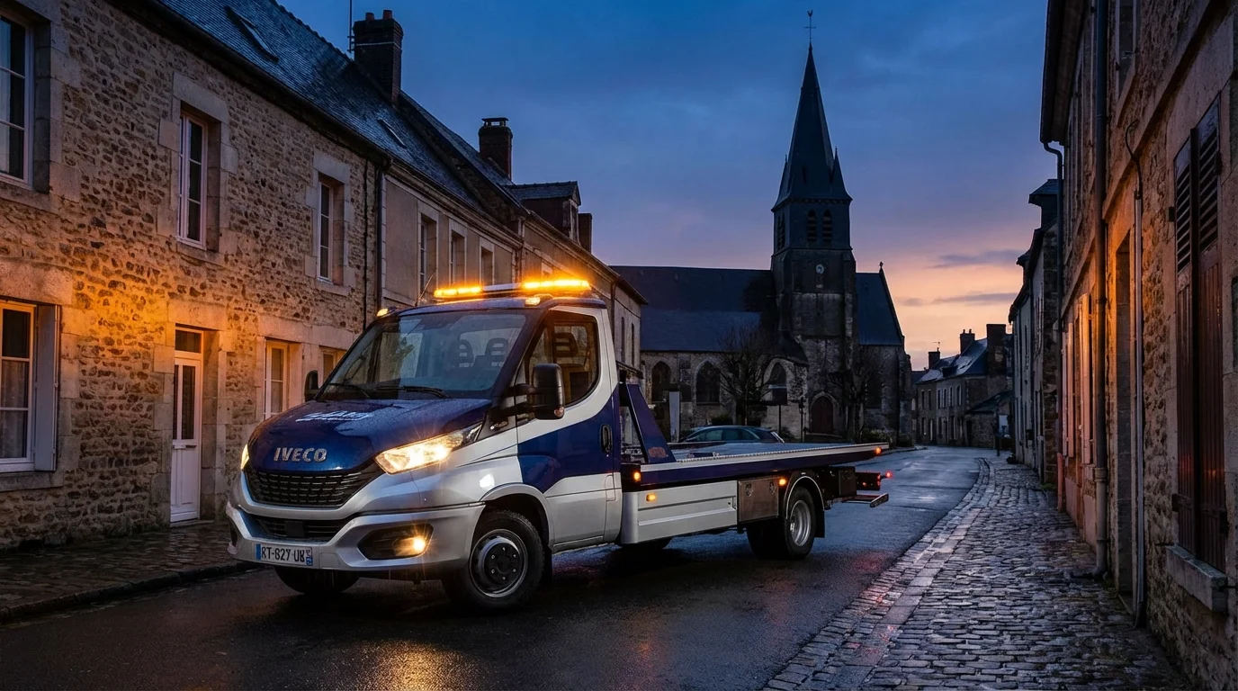 Camion de dépannage auto Fast Depann en intervention nocturne dans le centre de Ronquerolles près de l'église