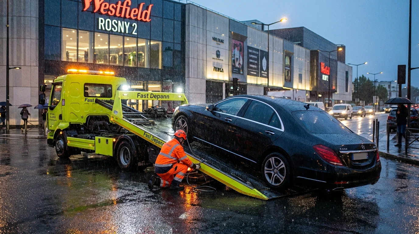Dépanneuse Fast Depann en intervention nocturne devant le centre commercial Rosny 2 à Rosny-sous-Bois 93110