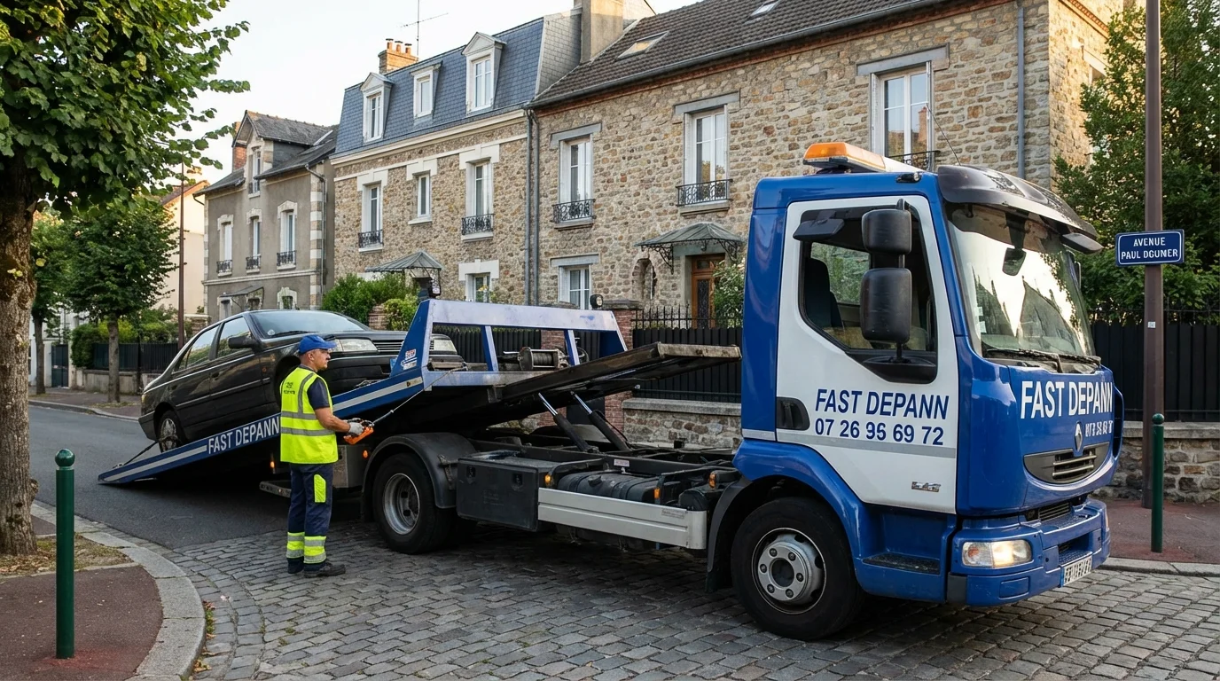 Dépanneuse Fast Depann en intervention de remorquage d'une voiture en panne sur l'avenue Paul Doumer à Rueil-Malmaison (92500).