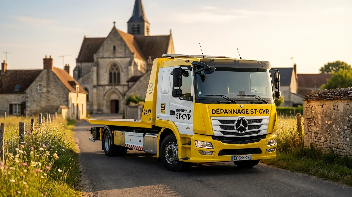 Dépanneuse Fast Depann en intervention à Saint-Cyr-sur-Morin devant un paysage rural de Seine-et-Marne