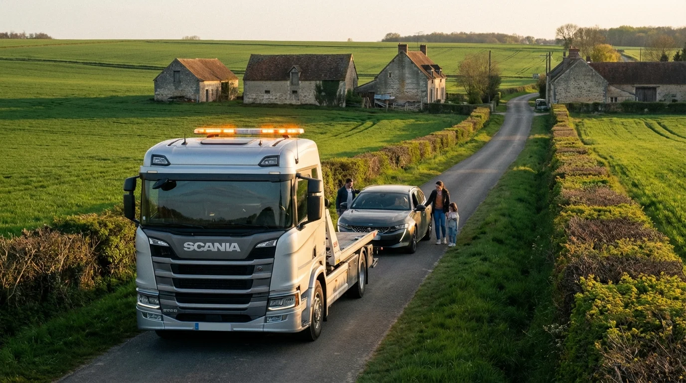 Dépanneuse Fast Depann intervenant pour un remorquage auto sur une route de campagne à Saint-Denis-les-Rebais 77510.