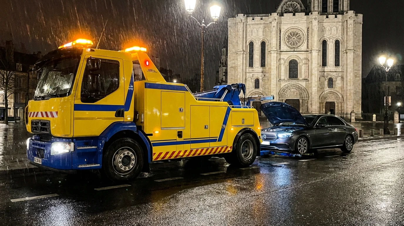 Dépanneuse Fast Depann intervenant sur une voiture en panne devant la Basilique de Saint-Denis 93200