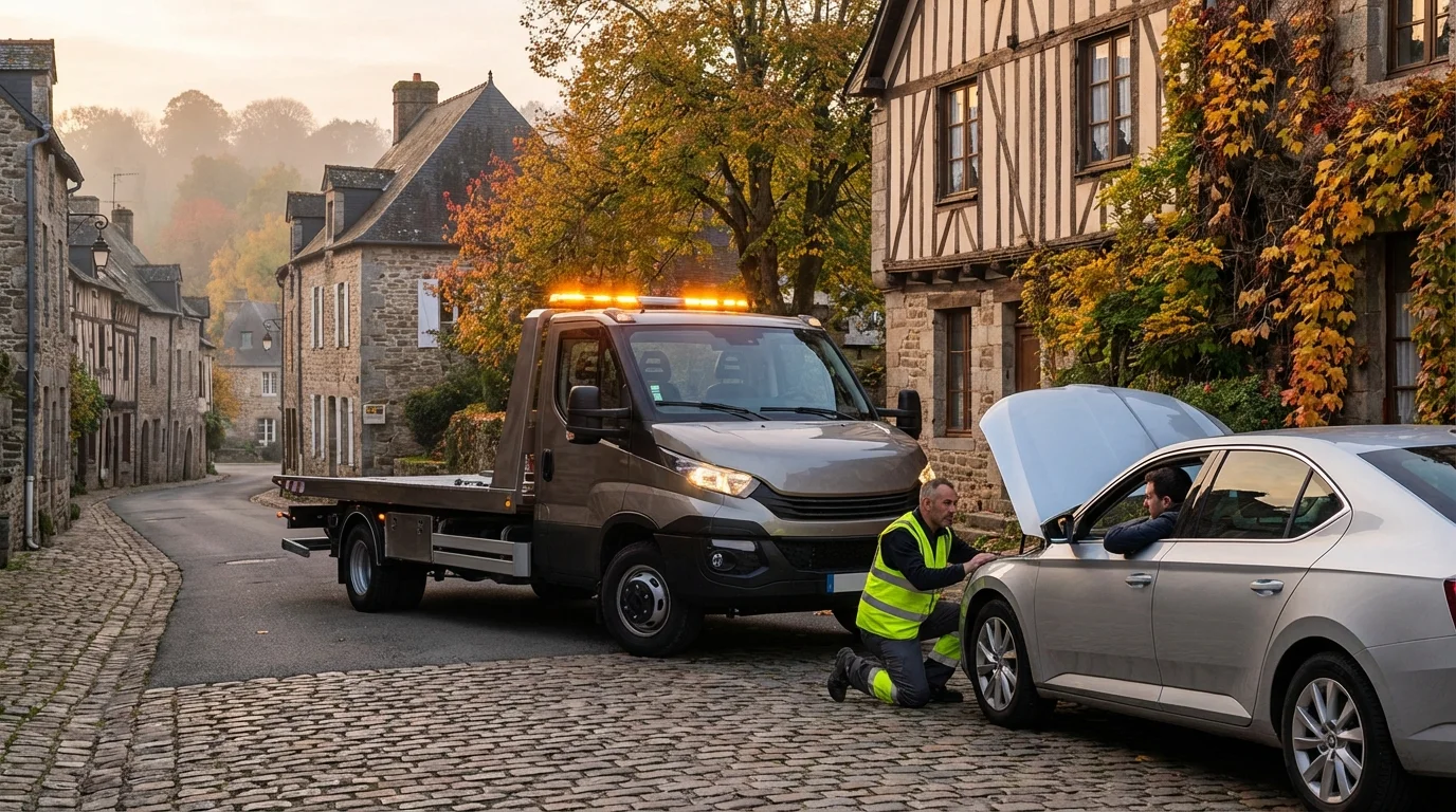 Dépanneuse plateau intervenant pour un remorquage auto à Saint-Germain-sur-Ecole 77930