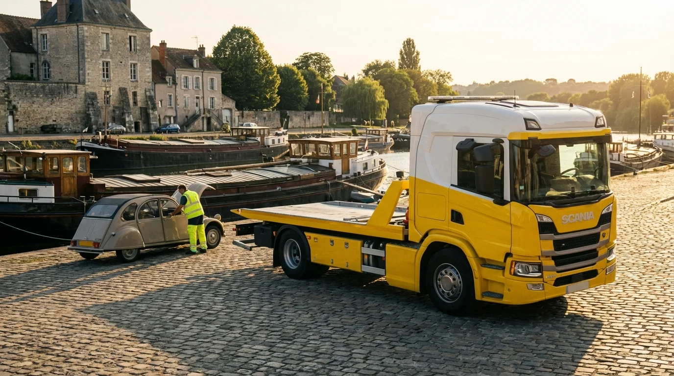 Dépanneuse Fast Depann intervenant sur les quais de Seine à Saint-Mammès pour une assistance auto