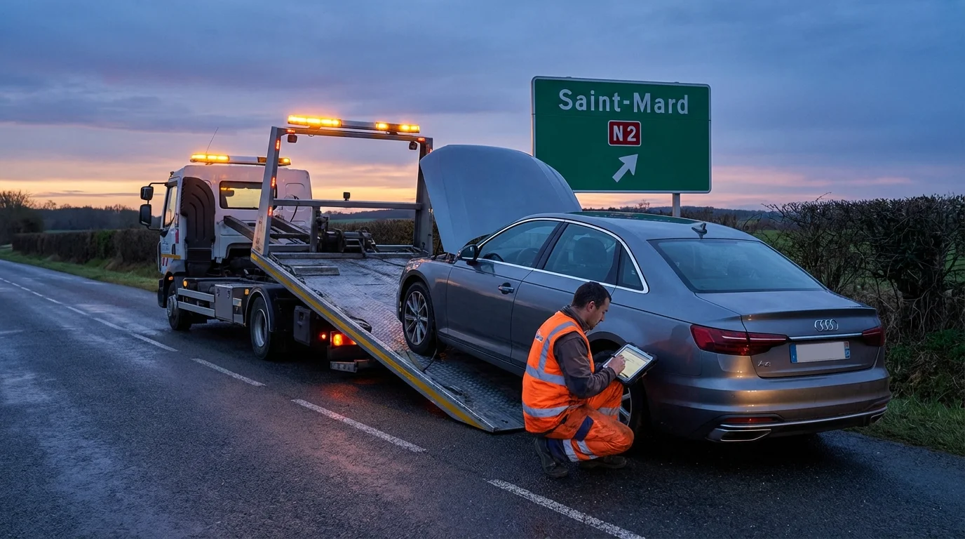 Dépanneur Fast Depann intervenant sur un véhicule en panne à Saint-Mard près de la N2
