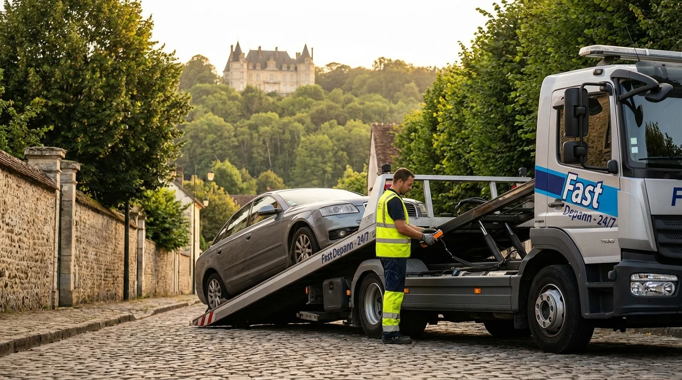 Dépanneuse Fast Depann en intervention à Saint-Martin-du-Tertre près de la forêt de Carnelle chargeant une voiture en panne.