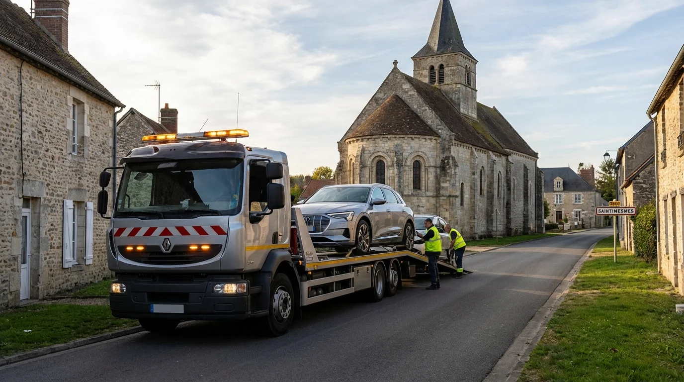 Dépanneuse Fast Depann intervenant pour un remorquage voiture devant l'église de Saint-Mesmes 77410