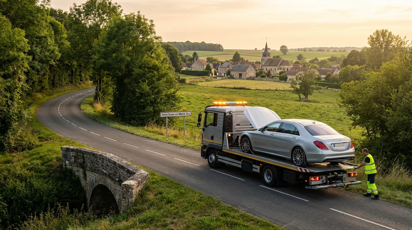 Dépanneuse Fast Depann intervenant sur une route de campagne à Saint-Ouen-sur-Morin 77750