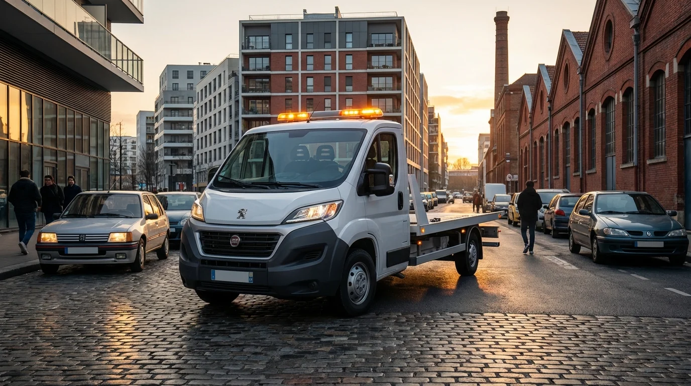 Dépanneuse Fast Depann en intervention rue des Docks à Saint-Ouen-sur-Seine pour un remorquage auto.